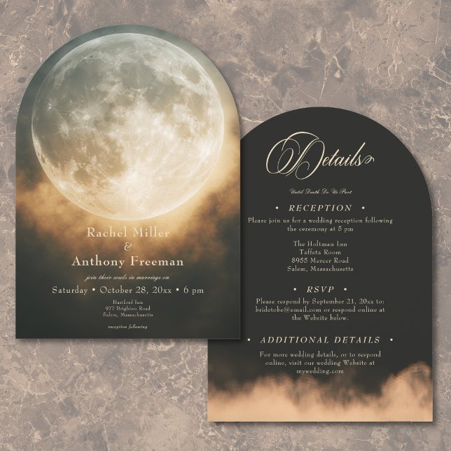 Convite Arco Da Lua Cheia, Gótica, Dois Lados (Gothic Dark Full Moon Arch Wedding Two Sided Invitation)