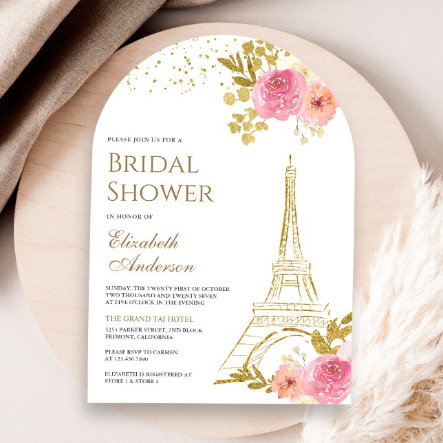 Convite Arco da Torre Eiffel Dourada com Flores Rosa para  (Criador carregado)