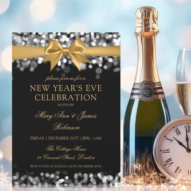 Convite Arco das Luzes do Shimmer Prateado Dourado (New Years Eve Gold Silver Shimmer Lights Bow Invitation)