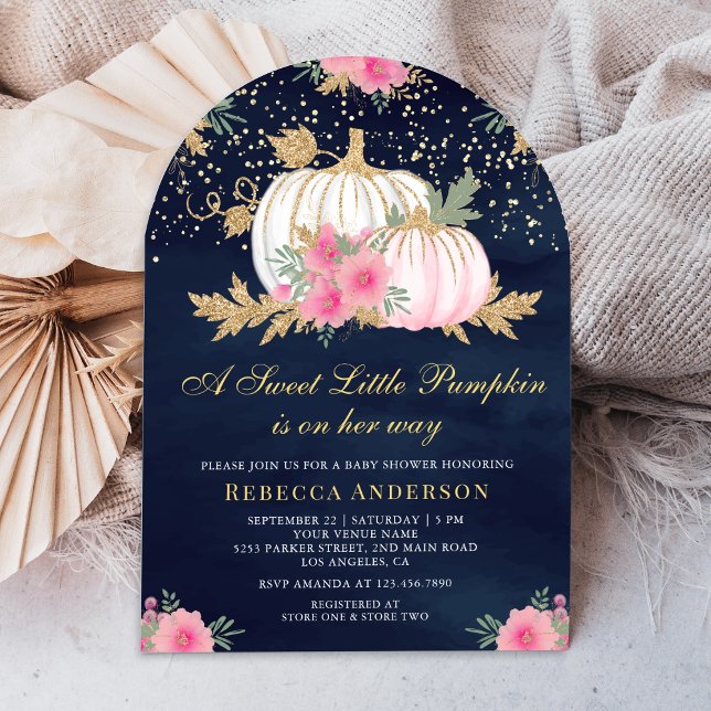 Convite Arco de Abóbora Floral Rosa e Dourado Festa de Beb (Criador carregado)