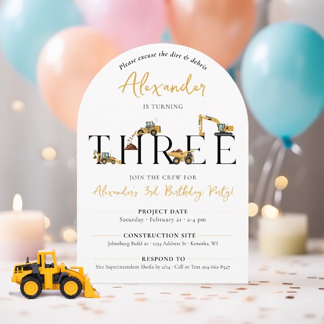 Convite Arco de aniversário de 3 anos do Caminhão de Const (Cute THREE construction machine dump truck digger 3rd birthday party for a boy, printable)