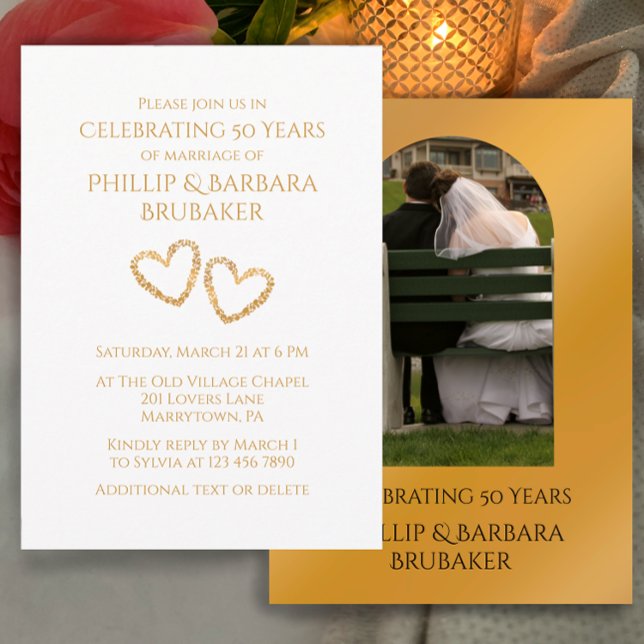 Convite Arco de Aniversário de 50 Anos de Casamento com Co (Personalize this template for a simple elegant golden wedding anniversary party invitation.
)