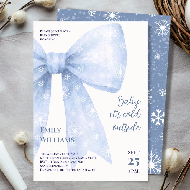 Convite Arco de Aquarela Azul frio fora do Chá de fraldas (Winter Baby Shower Invitation | Baby It’s Cold Outside Theme with Blue Snowflake Bows)