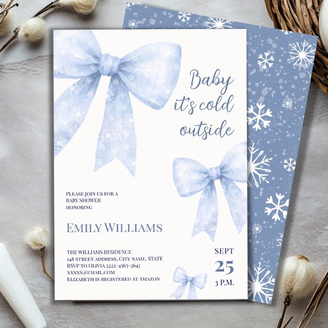 Convite Arco de Aquarela Azul frio fora do Chá de fraldas (Winter Baby Shower Invitation | Baby It’s Cold Outside Theme with Blue Snowflake Bows)