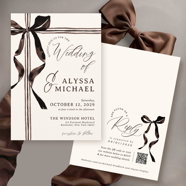 Convite Arco de Aquarela Marrom Elegante Código QR Marfim  (Brown watercolor bow elegant ribbon unique modern trendy QR code ivory wedding invitation)