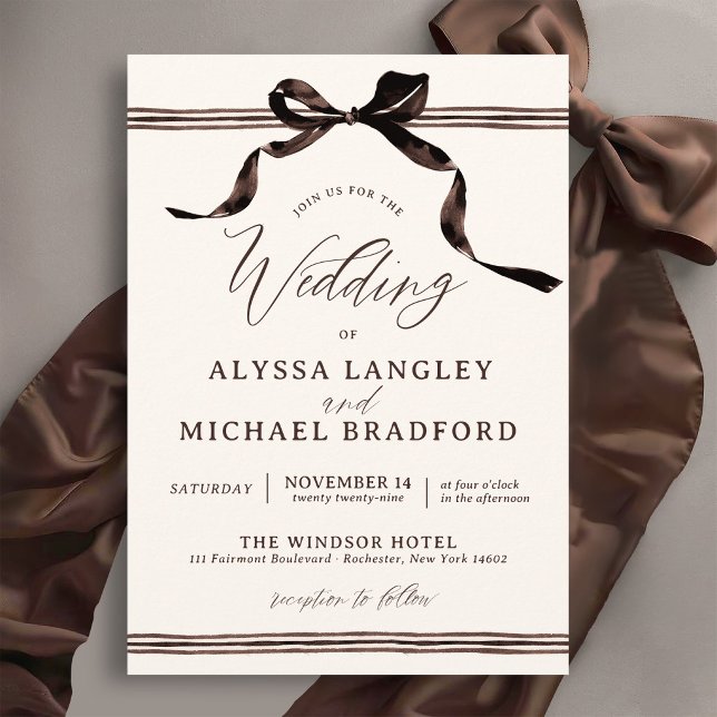Convite Arco de Aquarela Marrom Elegante Simples Casamento (Modern brown watercolor coquette bow elegant ribbon simple qr code details ivory wedding invitation)