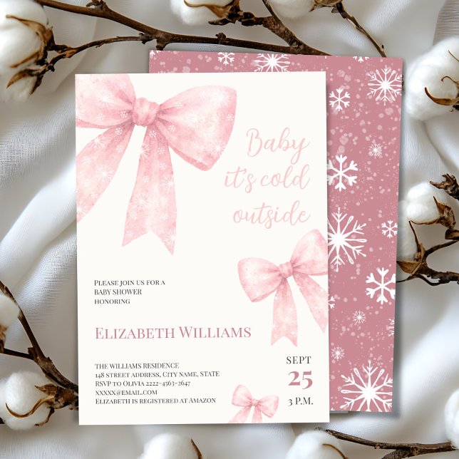 Convite Arco de aquarela rosa frio fora do Chá de fraldas (Winter Baby Shower Invitation | Baby It’s Cold Outside Theme with pink Snowflake Bows)