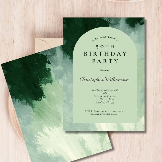 Convite Arco de Aquarela Verde Escuro 50º Aniversário (Dark and Light Mint Green Watercolor Modern Arch 50th Birthday party invitation for him)