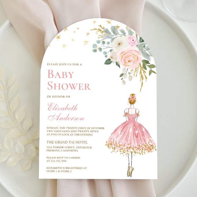 Convite Arco de Bailarina Floral Rosa e Dourado para Chá d (Criador carregado)