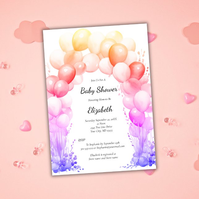 Convite Arco de Balão Cores do Arco-Íris Churrasco de Bebê (Baby Girl Baby Shower Invitation Balloon Arch Pink Yellow Orange Red Rainbow Colors)