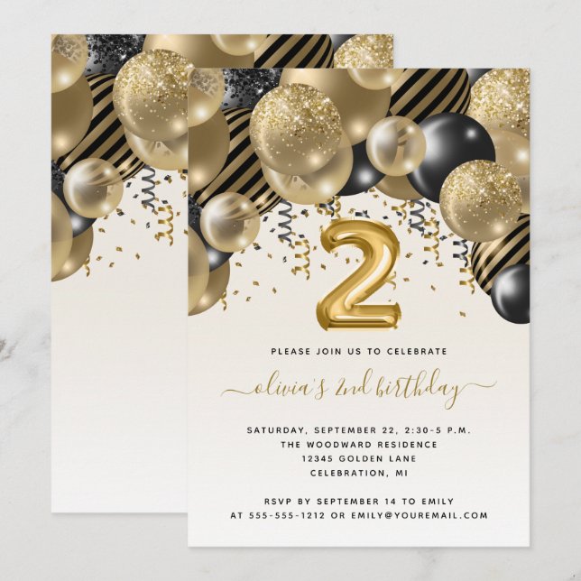 Convite Arco de Balão Preto Dourado Aniversário de 2 Anos (Frente/Verso)