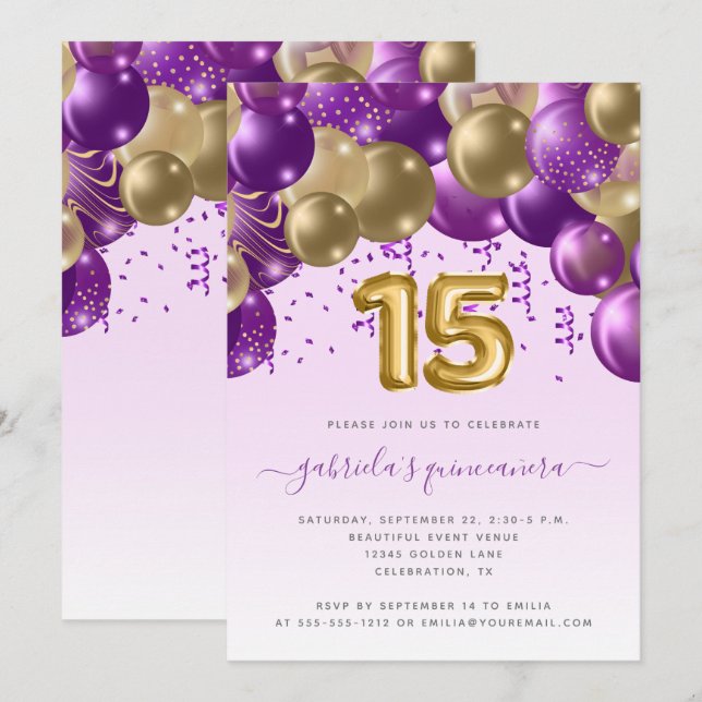 Convite Arco de Balão Roxo Dourado Quinceañera (Frente/Verso)