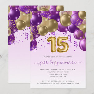 Convite Arco de Balão Roxo Dourado Quinceañera