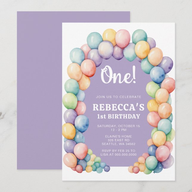Convite Arco de Balões Arco-íris para Aniversário de Qualq (Frente/Verso)