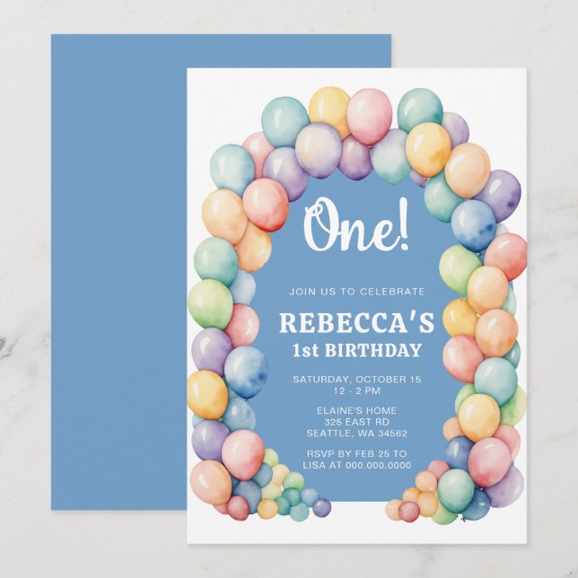 Convite Arco de Balões Arco-íris para Aniversário de Qualq (Frente/Verso)