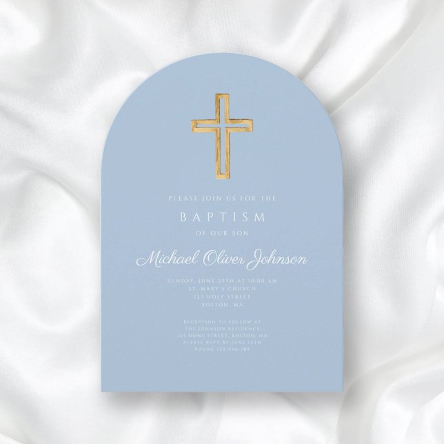 Convite Arco de Batismo de Bebê Menino Azul Bebê Cruz Reli (Religious Cross Baby Blue Script Boy Baptism Arch Invitation)