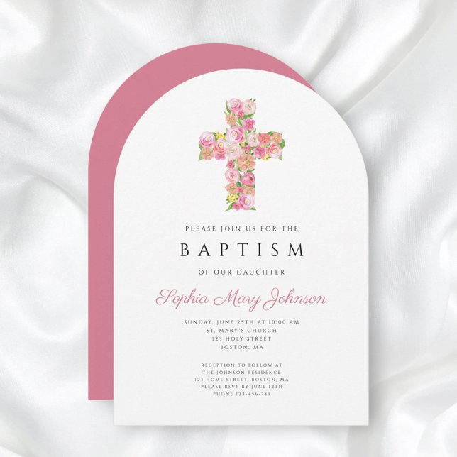 Convite Arco de Batismo Religioso de Cruz Floral Rosa Eleg (Elegant Religious Pink Floral Cross Baptism Arch Invitation)