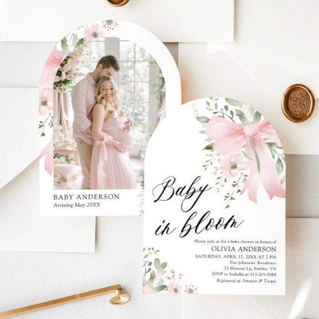 Convite Arco de Bebê em Flor de Bebê com Laço Rosa (Watercolor Cute Pink Bow Baby in Bloom Floral Girl Arch Baby Shower Invitation)