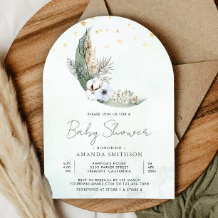 Convite Arco de Bebê Sage Verde Boho Floral Lua Pré-parto