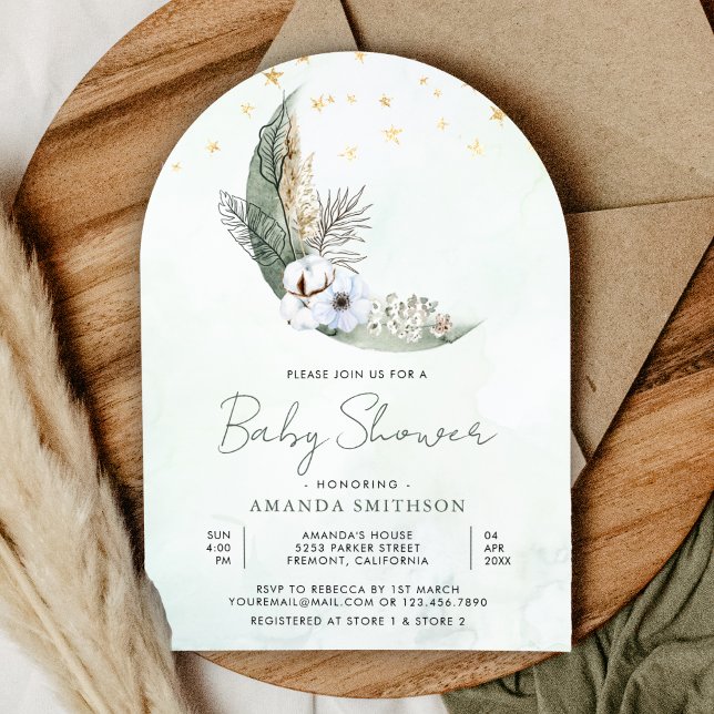 Convite Arco de Bebê Sage Verde Boho Floral Lua Pré-parto (Criador carregado)
