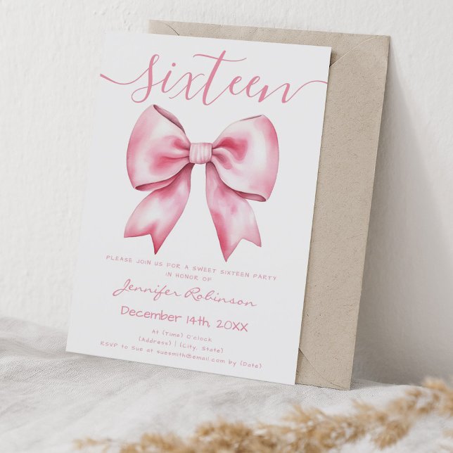 Convite Arco de Blush Coquette Rosa Doce 16 Aniversário (Pink Coquette Blush Bow Sweet 16 Birthday Invitation)