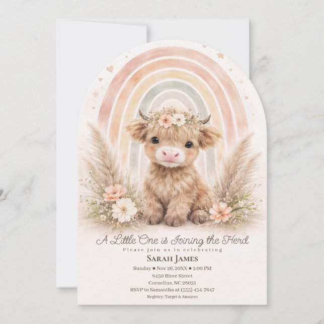Convite Arco de Boho Highland Cow Soft Rainbow para Baby S (Frente)