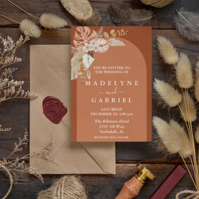 Convite Arco de Buquê Boho Tropical de Terracota (Criador carregado)