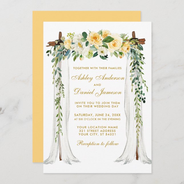 Convite Arco de Casamento Amarelo Amarelo Floral Dourado (Frente/Verso)