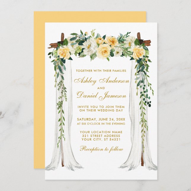 Convite Arco de Casamento Amarelo Floral Dourado (Frente/Verso)