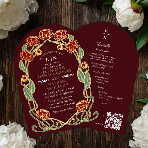 Convite Arco de Casamento Art Nouveau Peônia Borgonha QR