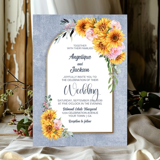 Convite Arco de Casamento Azul com Girassóis Rústicos (Criador carregado)