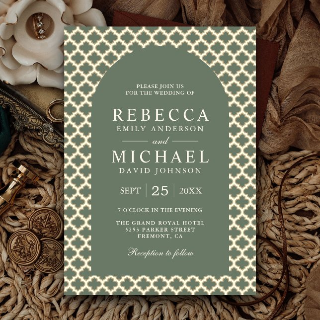 Convite Arco de Casamento Boho em Quatrefoil Marroquino Ve (Criador carregado)