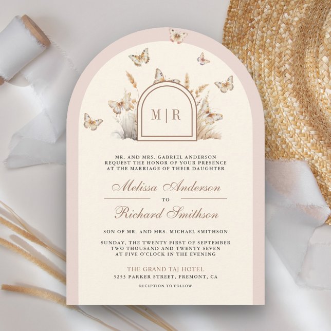 Convite Arco de Casamento Borboleta de Flor Silvestre Crem (Criador carregado)