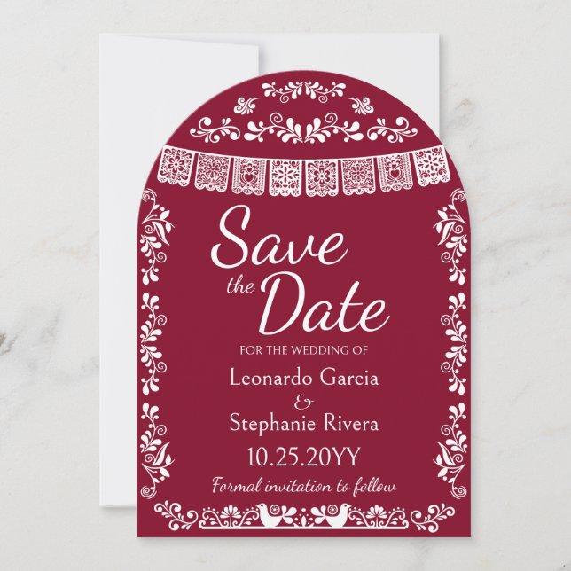 Convite Arco de Casamento Burgundy Papel Picado Save the D (Frente)