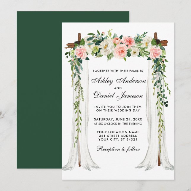 Convite Arco de Casamento Cana-de-Água Cor-de-Rosa Floral  (Frente/Verso)