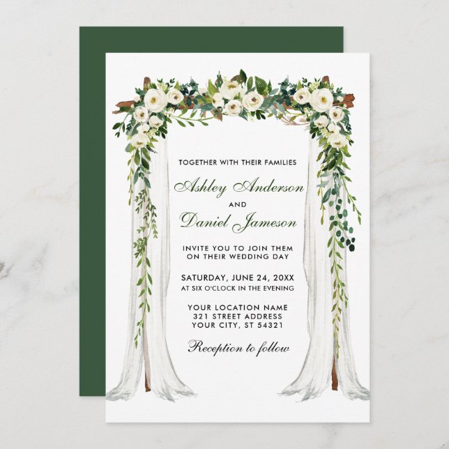 Convite Arco de Casamento Cana-de-Água Verde Floral Branco (Frente/Verso)