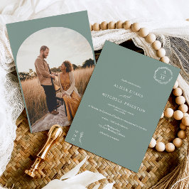 Convite Arco de casamento clássico do monograma verde de s