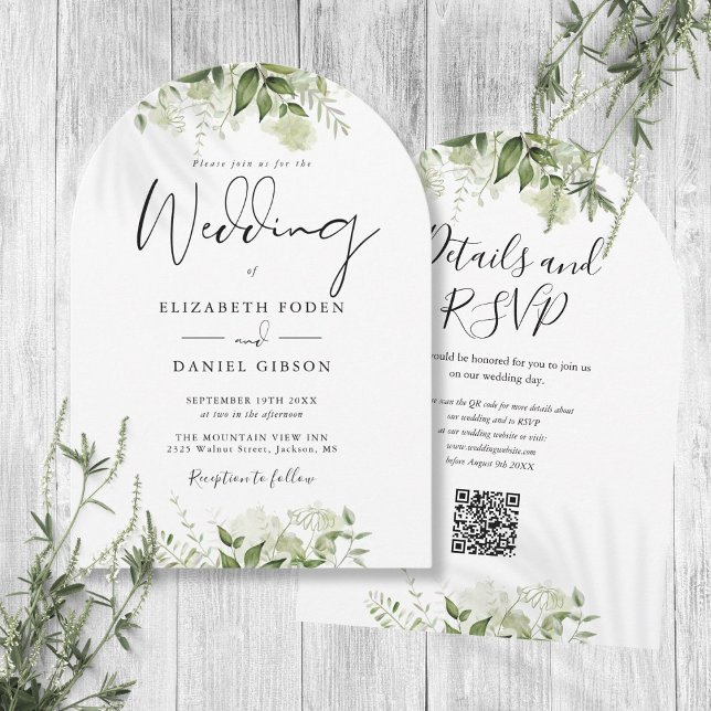 Convite Arco de Casamento com Código QR de Flores de Verdu (Modern Greenery Floral QR Code Wedding Arch Invitation)