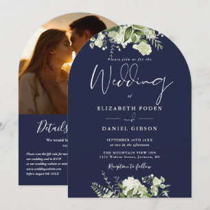 Convite Arco de casamento com código QR de folhagem azul m