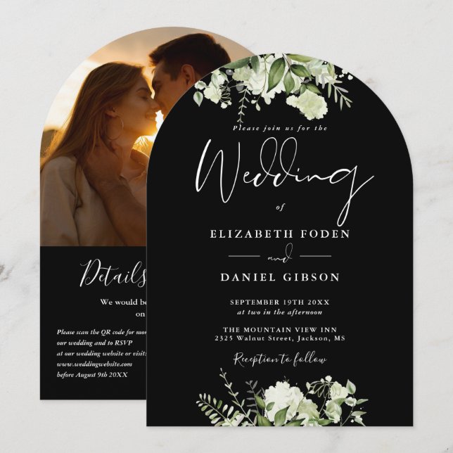 Convite Arco de casamento com código QR de foto floral pre (Frente/Verso)
