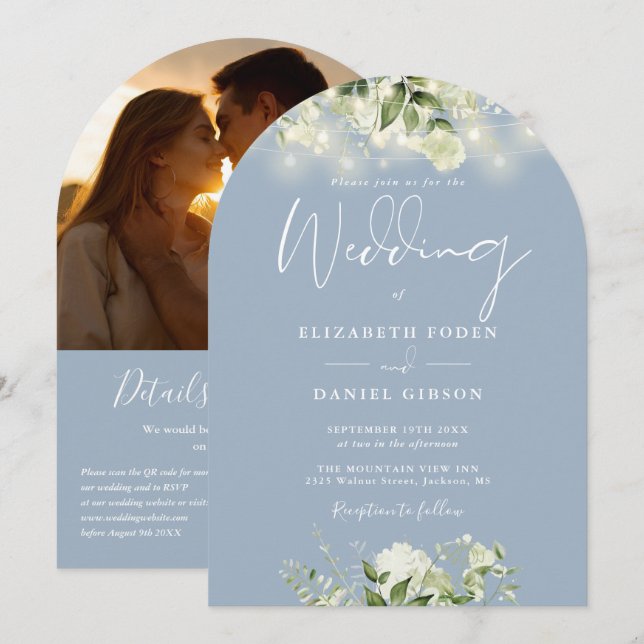 Convite Arco de casamento com código QR de verde azul poei (Frente/Verso)