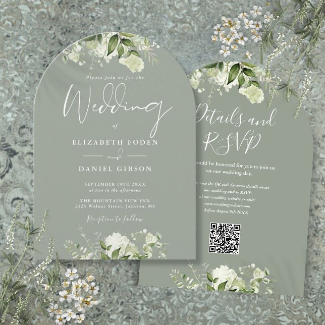 Convite Arco de casamento com código QR floral em verde sa (Sage Green Floral QR Code Wedding Arch Invitation)