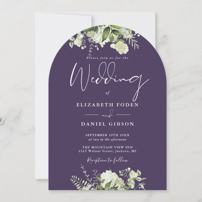 Convite Arco de Casamento com Código QR Floral Verde Roxo (Frente)
