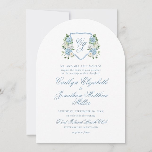 Convite Arco de Casamento com Crista Floral em Aquarela Az (Frente)