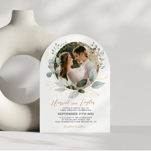 Convite Arco de casamento com eucalipto verde dourado chiq