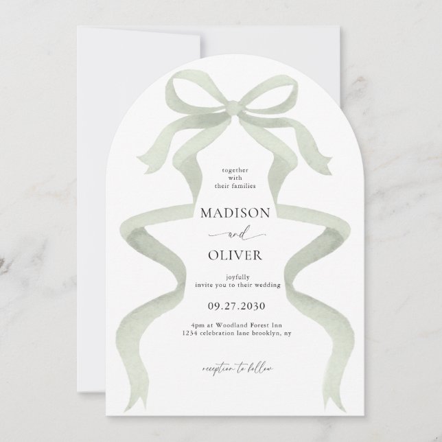 Convite Arco de Casamento com Laço Verde Sábio Elegante Mo (Frente)