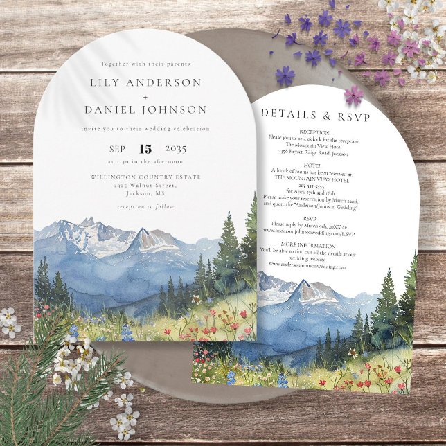Convite Arco de Casamento de Flores Silvestres de Montanha (Modern Watercolor Mountain Wildflower Wedding Arch Invitation)