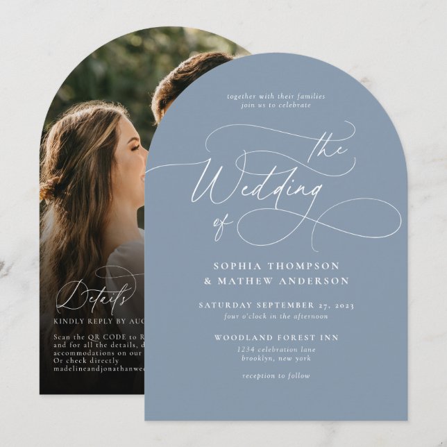 Convite Arco de Casamento de Foto com Código QR Azul Poeir (Frente/Verso)