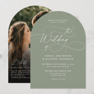 Convite Arco de Casamento de Foto com Código QR Verde Sage
