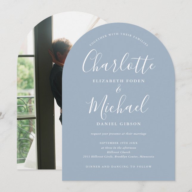 Convite Arco de Casamento de Foto com Letra de Assinatura  (Frente/Verso)